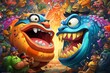 © apichat - A colorful cartoon image of two monsters about to fight in an arena while a crowd of monsters watch.