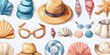 Set of beach-themed illustrations showing a range of accessories like hats and shells in a detailed and vibrant style