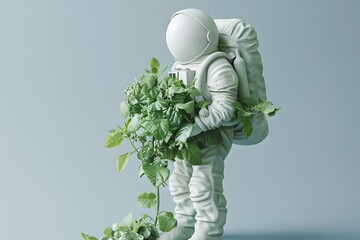 the astronaut is fully covered in a space suit holding an abundance of green plants, alluding to lif