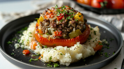 Wall Mural - Savory latvian stuffed pepper with minced meat and vegetables, served on a bed of creamy mashed potatoes