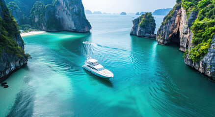 Canvas Print - A luxurious yacht docked at an exotic island, surrounded by crystal clear waters and lush greenery.