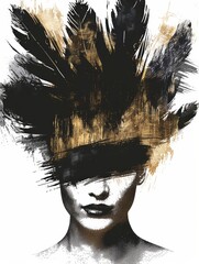 Wall Mural - A womans head adorned with vibrant golden and black feathers, creating a striking visual contrast