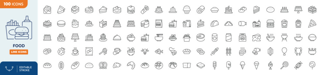 Food line editable icon set. Editable stroke. Vector illustration	