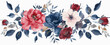 Floral arrangement in red, pink, blue tones on a white background
