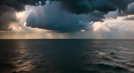 Sticker - Dramatic sky with stormy gray clouds Hurricane rainy weather nature background Dark gray sky at sea B roll footage of Cloudscape screen Cloudy evening at sea coast Windy weather summer sunset