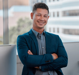 Canvas Print - Businessman, portrait and startup with arms crossed, proud and confidence for goals. Creative writer, professional news editor and expert reporter for content creation, publishing and press office