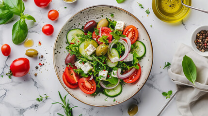 top down view on greek salad in a bowl on the table healthy eating