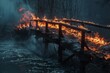 Burning wooden bridge across the river at night.
