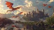 3D Created and Rendered fantasy Landscape with Dragons and a Castle