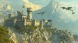 3D Created and Rendered fantasy Landscape with Dragons and a Castle