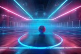 Fototapeta Sport - futuristic neon soccer arena glowing ball and empty hockey ice rink dynamic sports background