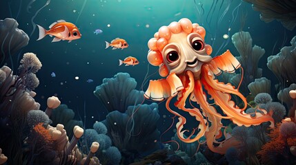 Wall Mural - Colorful Underwater Cartoon Scene with Friendly Octopus and Tropical Fish