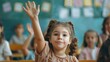 © Jing - International education day concept. Interactive classroom education. Students raise their hands to answer questions during class at school. Primary school students asking questions in class