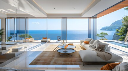 Wall Mural - Luxury villa with terrace and floor to ceiling panoramic window with amazing sea view. Interior design of modern living room