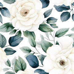 a super cute white Rose flower petals and leaf, seamless patterns, watercolor illustration.