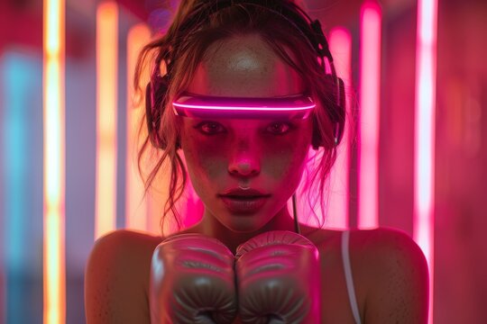 A futuristic woman with cyberpunk-inspired makeup and neon lights, portraying a science fiction concept with a strong visual impact