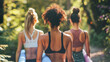 Group of young multiracial women walking at city park with yoga mats - Girls going to yoga class during summer time - Models by AI generative