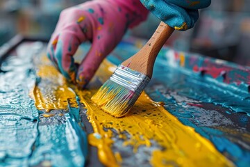 Poster - An artist's hand in a vibrant glove holds a paintbrush, leaving a bold streak of yellow paint on a textured canvas