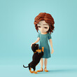Girl playing with cute dachshund dog on blue background. 3D cartoon character
