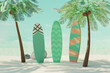 Summer tropical beach with coconut palms and surfboard on sand. Summer travel concept. 3d render