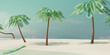Summer tropical beach with coconut palms and surfboard on shore. Summer travel concept. 3d render
