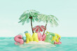Tropical island with Summer text, coconut palms, beach umbrellas and sun accessories in ocean. Summer travel concept. 3d render