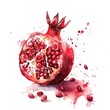 A dynamic watercolor painting of a pomegranate cut open with seeds