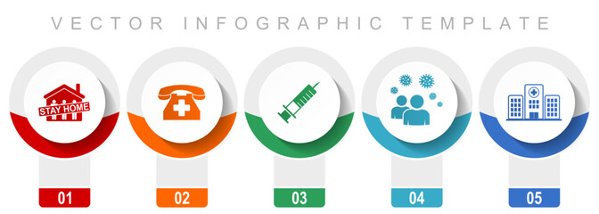 Leinwandbilder - Health and medicine icon set, miscellaneous vector icons such as stay home, hospital, vaccine, people and emergency phone, modern design infographic template, web buttons in 5 color options