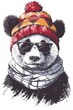 A cozy winter-themed illustration featuring a panda sporting a knitted hat and scarf