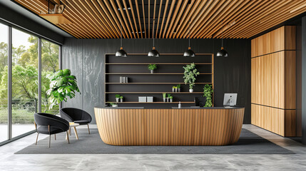 Wall Mural - Modern Business Office with Stylish Wooden Desk and Contemporary Decor, Professional and Elegant Corporate Interior Design