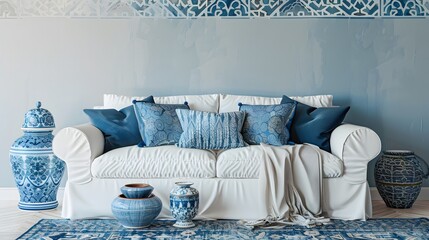 Wall Mural - White sofa among blue motifs pottery near patterned wall. Boho or eclectic, bohemian interior design of modern living room