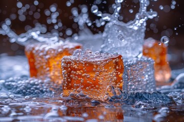 Poster - macro shot of orange ice cubes with water splash, emphasizing texture and the interplay between liqu