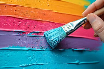 Poster - Close-up of a paintbrush applying bright blue paint on a multi-colored canvas, showcasing an array of vibrant hues