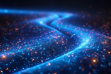 Poster - Striking visual of abstract cosmic waves in shades of blue with sparkling particles, representing connectivity and tranquility