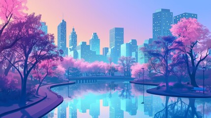 Futuristic illustration Pop art color of a serene park in spring, where technology meets nature, styled in minimal styles, synth wave