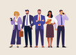 Business team. Vector illustration in simple flat style of diverse cartoon young men and women in office outfits. Isolated on background
