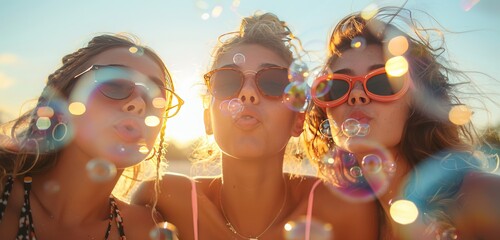 cute girls with sunglasses are blowing soap bubbles on a sunny summer day