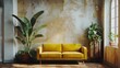 Yellow velvet loveseat sofa, wooden cabinet and potted houseplant against venetian stucco wall. Scandinavian home interior design of modern living room