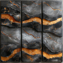 6 Panel Wall Art, Black Marble With Golden Veins, Dark Grey And Light Brown Color Palette. Created With Ai