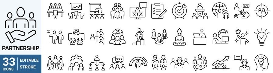Wall Mural - Partnership line web icons. Contains such icons as business, trust, collaboration, goal, teamwork, share, performance, knowledge and planning Editable stroke.