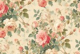 Fototapeta  - Timeless Elegance A Repeating Pattern of Roses and Ivy Leaves