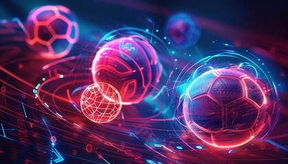 Show colorful glow HUD icon of sports equipment featuring basketballs and soccer balls, dynamically presented to energize your fitness journey, illustration template