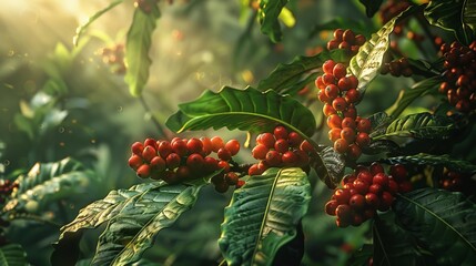 Coffee beans on a branch, lush green foliage, ripe red berries ready for harvest, realistic detail, natural sunlight