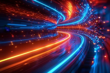 Fototapete - Mesmerizing trails of red and blue light conveying a sense of speed and futuristic technology in motion