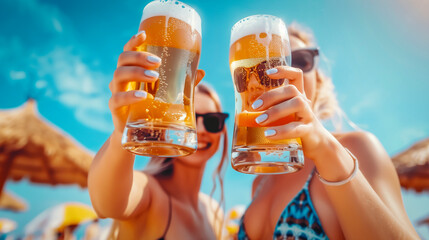 young caucasian women on vacation enjoying and holding a beer in a resort pool - all inclusive hotel