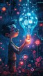 A whimsical illustration of a character touching a light bulb that displays holographic password puzzles
