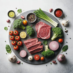 A variety of fresh vegetables and meat arranged on a dark plate, including broccoli, tomatoes, onions, garlic, and a slab of raw meat. The plate is surrounded by various seasonings.