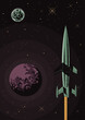 Retro Style Space Rocket, Planets, Deep Space Background. Vector Template for Cosmic Posters, Covers, Illustrations 