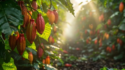 Golden and orange cocoa pods clustered together on the trunk, surrounded by deep green leaves, a warm glow of sunlight illuminating the scene