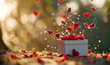 Fototapeta Na sufit - red hearts flying out of a box in nature